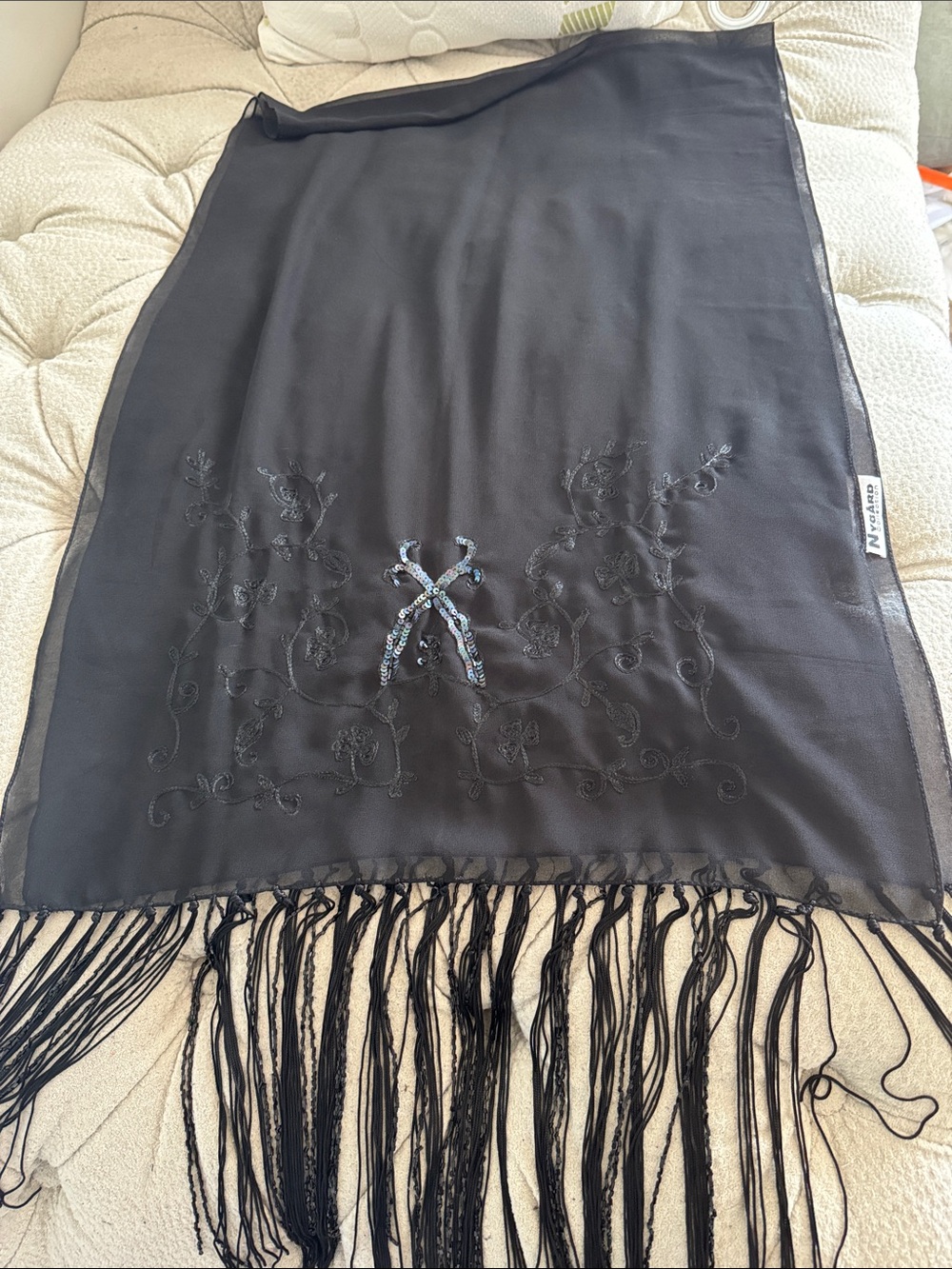 Embroidered Fringe Wrap Scarf - Black